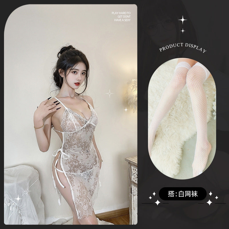 LS Sexy Mesh Pajamas Transparent Sexy Suspender Nightgown Lace Pure Desire Temptation Small Breast Sexy Pajamas