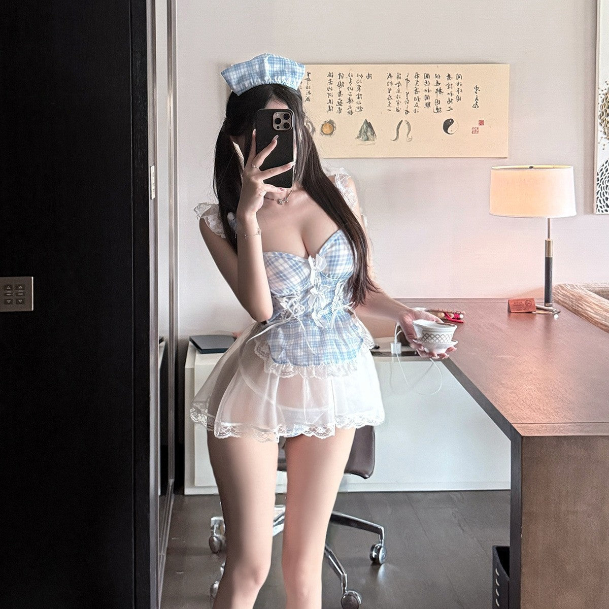 LS Sexy Lingerie Pure Desire See-Through Lace Maid Suit Sexy Hot Uniform Temptation Qqny Pajamas