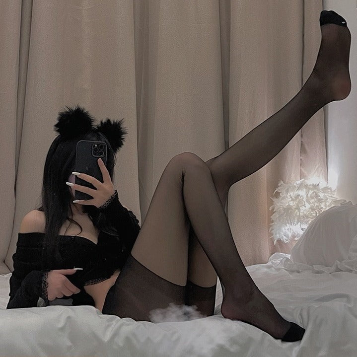 LS Sexy Stockings Hand-Teared Socks Over-The-Knee Socks Fishnet Mesh Socks Lace Edge Black Silk No-Take Crotch 1004
