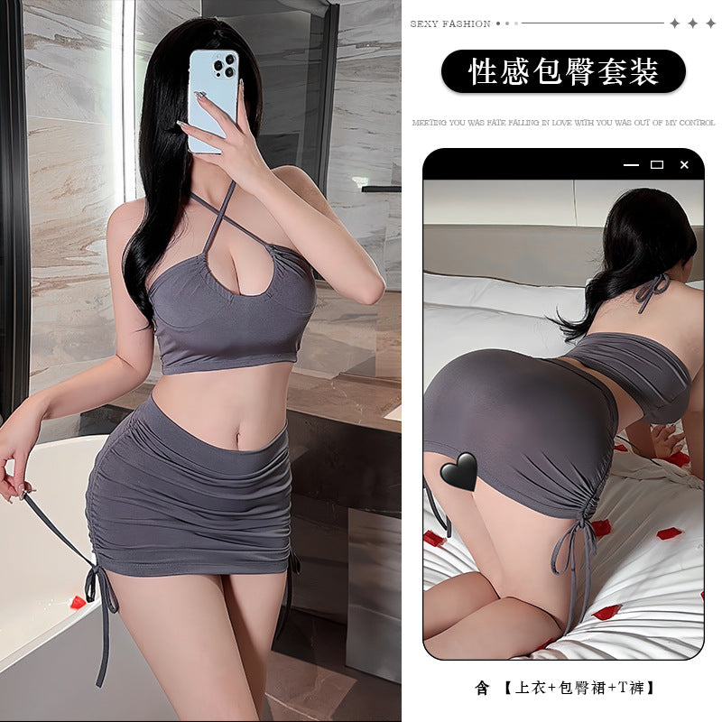 Ying Sexy Deep V-Hanging Neck Sexy Suit Drawstring Hip Skirt Hot Passion Free from Pure Desire Sexy Underwear for Women