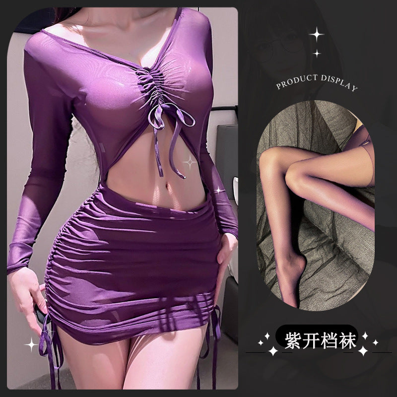 LS Sexy Lingerie Uniform Sexy Purple Mesh See-Through Qqny Pajamas Pure Desire Hip Skirt Women 8294