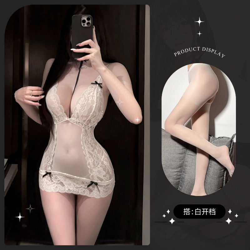 LS Sexy Lingerie Temptation Lace Sheer Hip-Hugging Nightdress Sexy Pure Desire Mesh Strap Nightdress