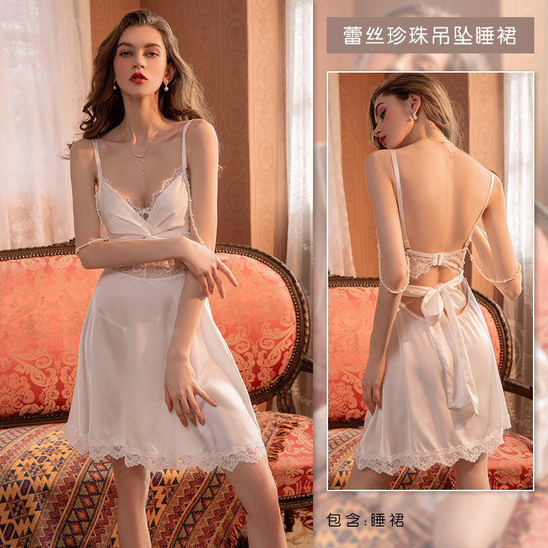 Ying women's home wear sexy pure desire plus size pajamas women's pearl lace satin couple suit factory direct sales