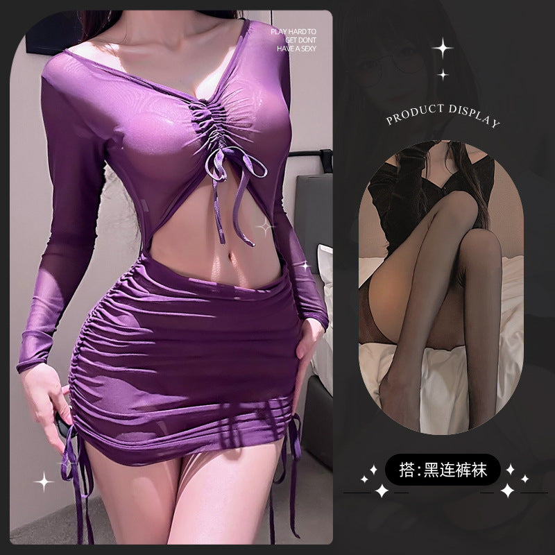 LS Sexy Lingerie Uniform Sexy Purple Mesh See-Through Qqny Pajamas Pure Desire Hip Skirt Women 8294