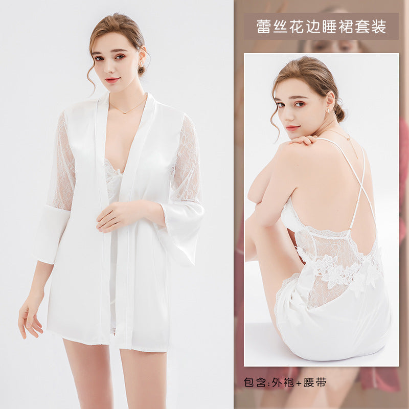 Sexy pajamas women with chest pad lace suspenders Ice Silk large size can be worn outside X nightgown set manufacturers wholesale generation