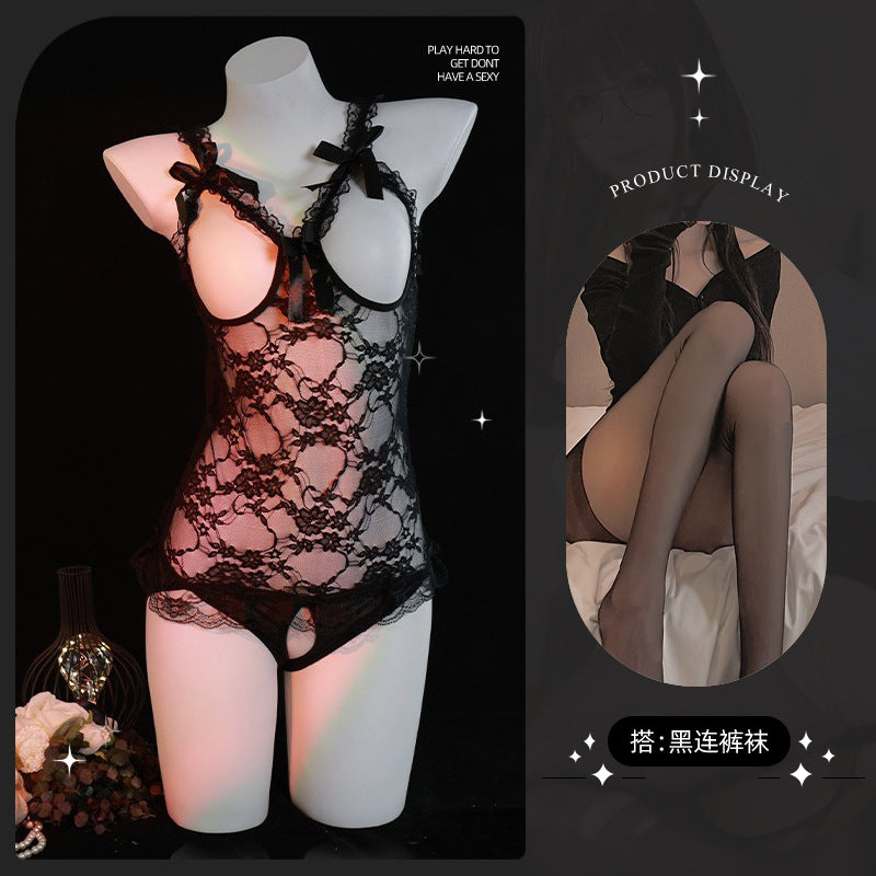 LS Plus Size Sexy Lingerie Lace Temptation No-Remove Sexy Flirting Pajamas Open Crotch Jumpsuit Uniform 81