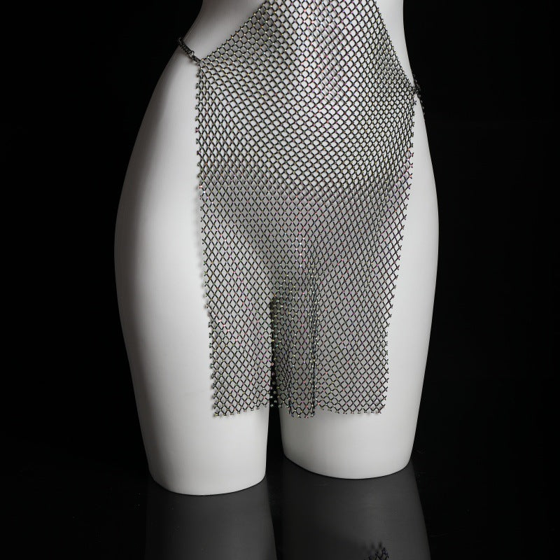 LS Sexy Sexy Lingerie Temptation Perspective Chain Fishnet Hollow Strap Halter Three-Point Dress