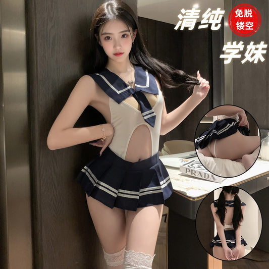 LS Sexy Lingerie Campus Jk Short Skirt Pure Desire Open Crotch Free Pleated Skirt Sailor Suit Student Wear 9133