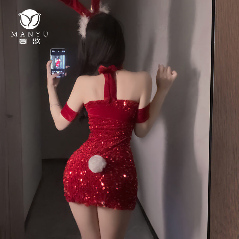 Man's sexy lingerie velvet sequins Christmas bunny sexy lingerie pajamas temptation can be worn outside 9343