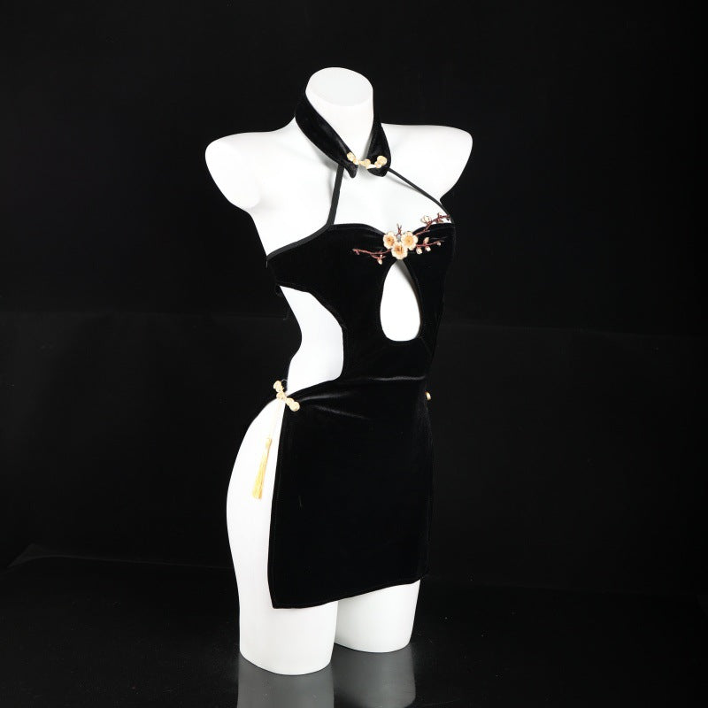 LS Embroidered Chest High Slit Velvet Cheongsam Sexy Underwear Women's Sexy Naked Back Flirting Pajamas 8330