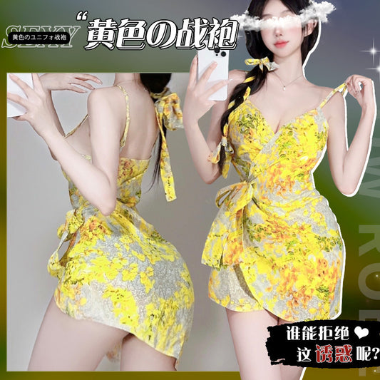 Ying new yellow shirt sexy floral pajamas women's summer lace strap nightdress pure desire split home wear