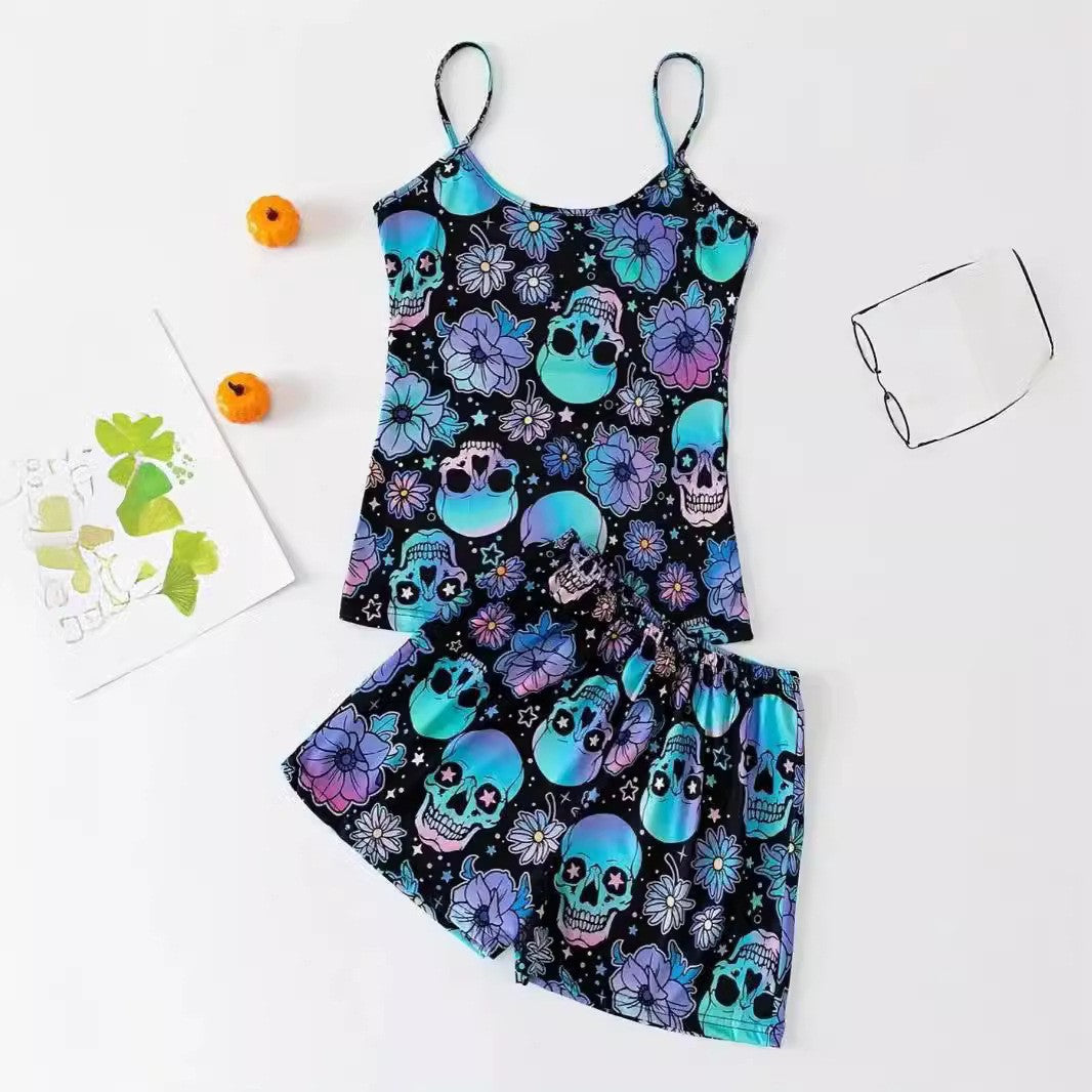 Halloween Skull Bones Flower Print Sling Top Shorts Home Clothes Pajamas suit pajamas Set