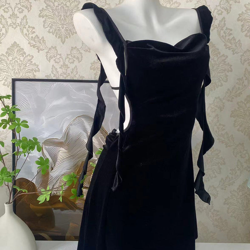 Ying New Style Sexy Pajamas Women's Velvet Backless Sling Belt Chest Pad Swing Collar Nightdress Pure Slim-fit Home Wearing
