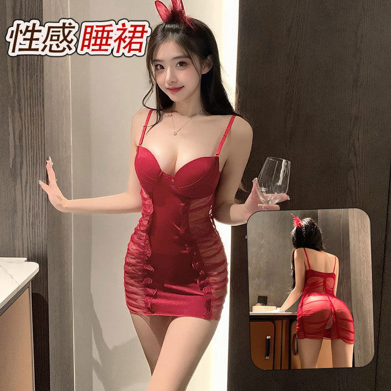 LS Sexy Lingerie Sexy Deep V Wrinkle Mesh Perspective Temptation Hot Suspender Nightgown Set 8211