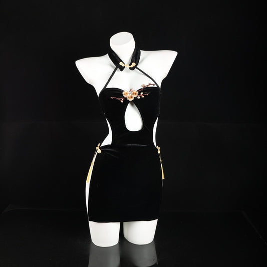 LS Embroidered Chest High Slit Velvet Cheongsam Sexy Underwear Women's Sexy Naked Back Flirting Pajamas 8330