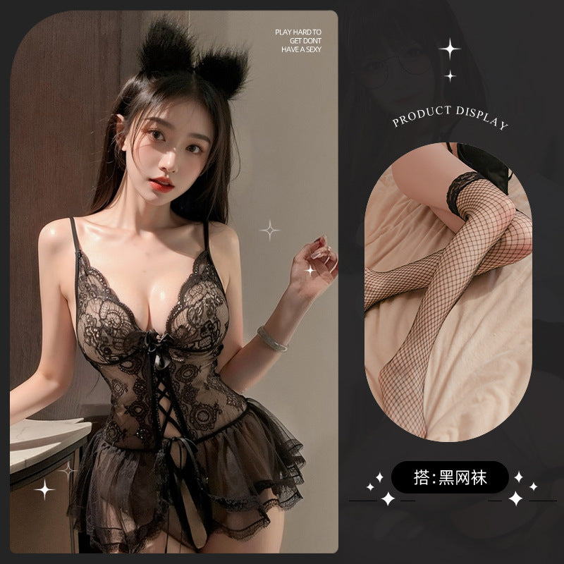 LS Sexy Underwear Women's Gather Mesh Nightdress Sexy Lace Sling Perspective Open Crotch suit 9155