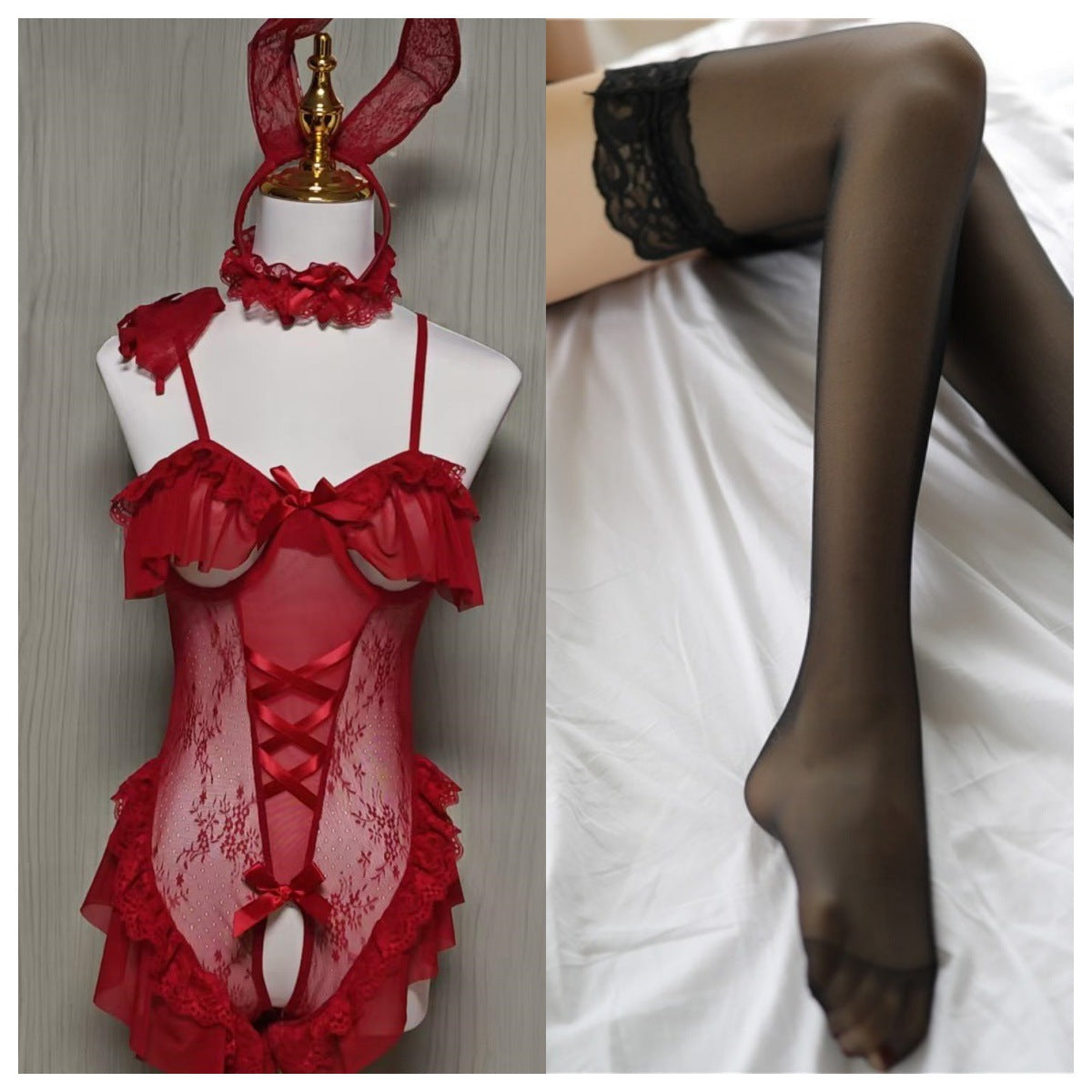 2025 New Sexy Lingerie Sexy Tight Free Pure Bunny Uniform suit Lotus Lace one-piece Women