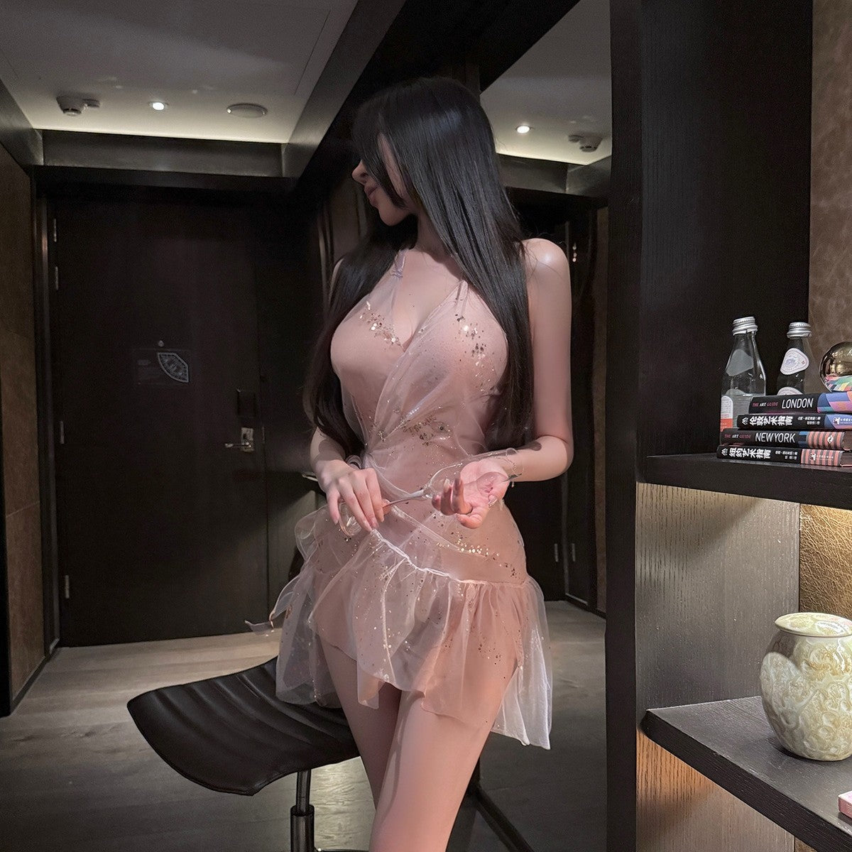 LS Royal Sister Sexy Lingerie Sexy Halter Neck See-Through Lightweight Fairy Skirt Lotus Leaf Lace Sequin Soft Gauze Sleepwear