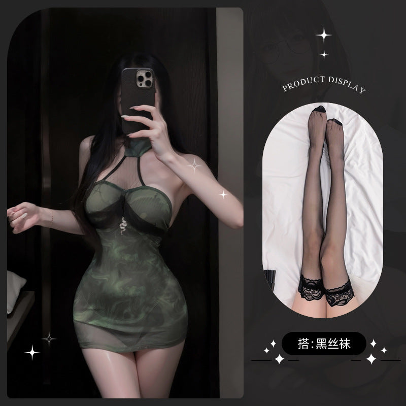 LS Sexy Lingerie Sexy Halter Cheongsam Perspective Green Snake Hip Skirt Uniform Temptation Miniskirt 8185
