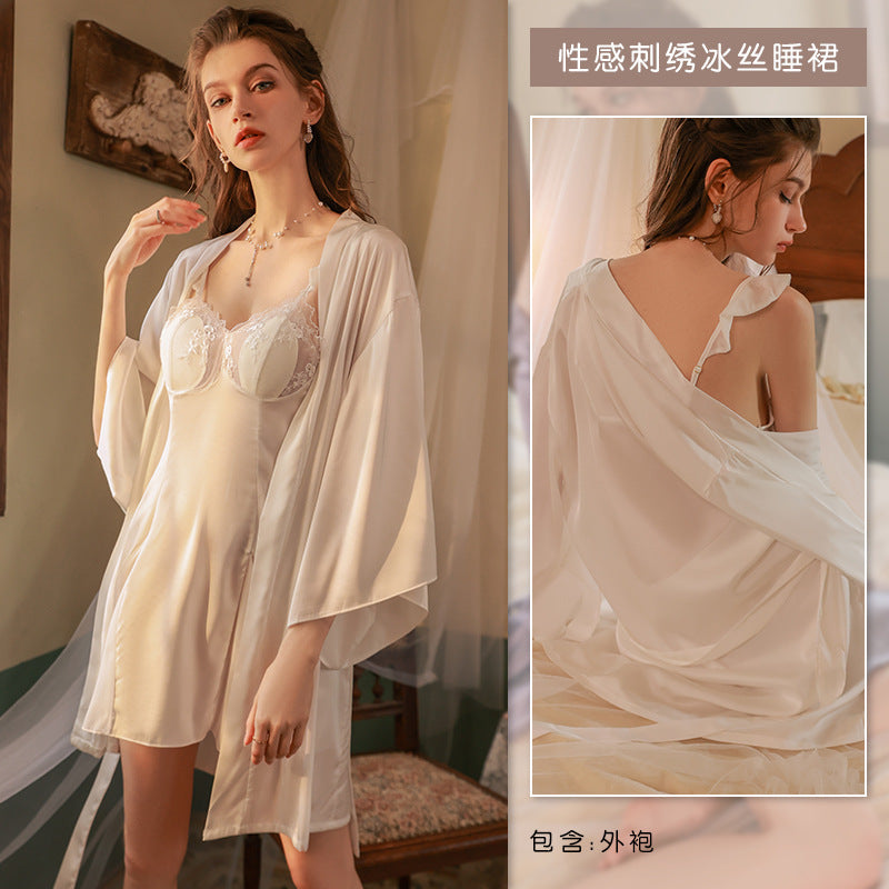 3051 Ying plus size summer ice silk lace nightdress strap sexy pajamas women's summer pure desire style with chest pad