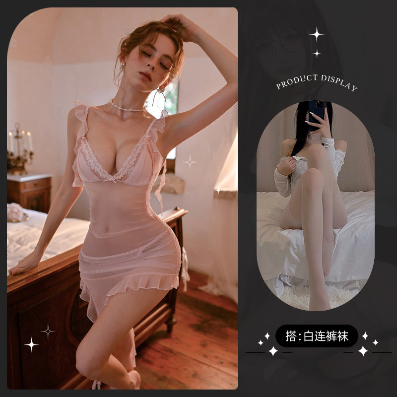 LS Sexy Pajamas Women's Lace Mesh Perspective Asymmetric Skirt Suspender Nightgown Thin Sexy Underwear