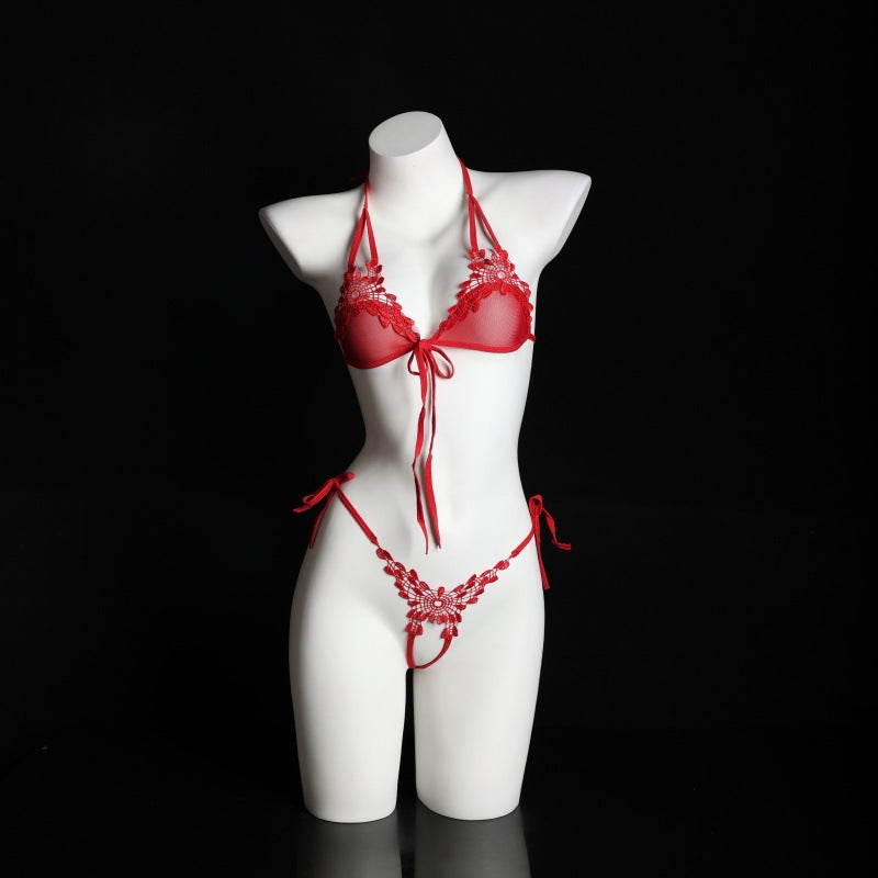 LS Sexy Underwear Feminine Three-Point Embroidered Flower Bikini Temptation Bra and Panty Set 9228