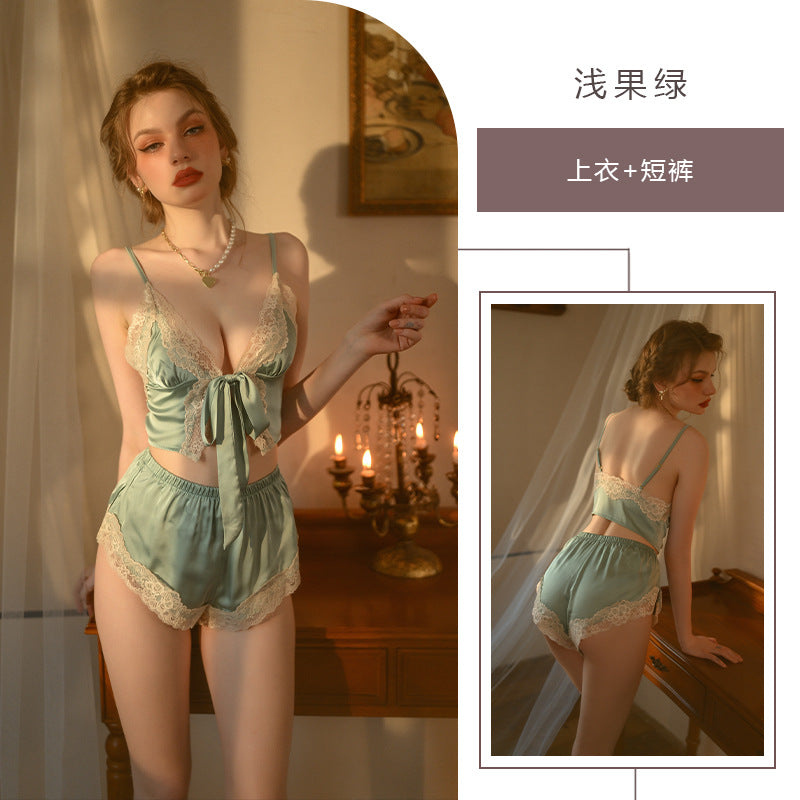 2318 Ying sexy pajamas women's summer ice silk condole belt nightgown lace perspective home clothing set a generation of hair