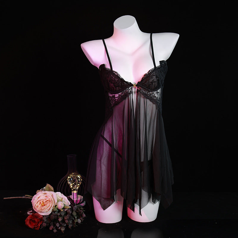 LS Sexy Lingerie Sexy Lace Temptation Nightgown Hot Transparent Open Nightgown No-Take-Off Nightgown 8021