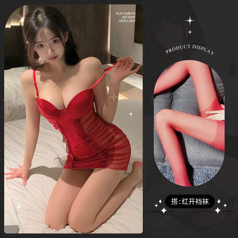 LS Sexy Lingerie Sexy Deep V Wrinkle Mesh Perspective Temptation Hot Suspender Nightgown Set 8211