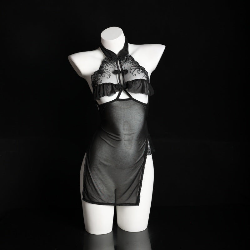LS Sexy Lingerie Sexy Small Breasts Revealing Big Retro Cheongsam Uniform Perspective Temptation Breast Exposing Passion Suit