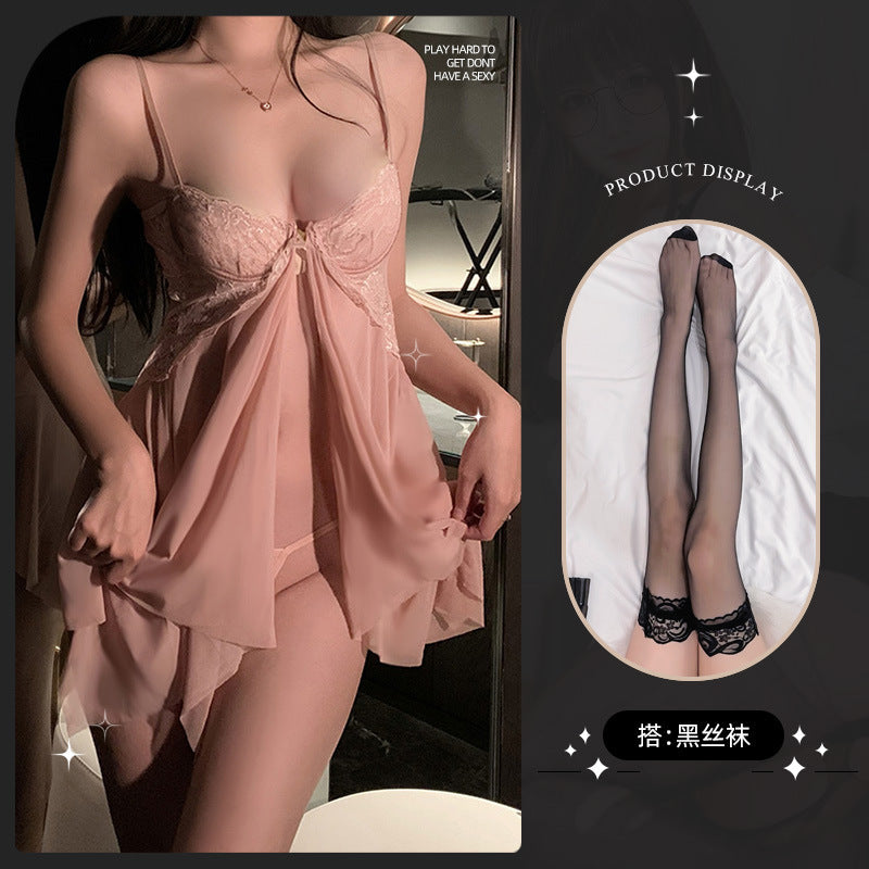 LS Sexy Lingerie Sexy Uniform Temptation Pajamas Pure Desire Small Breasts Show Big Transparent Lace Nightgown 8021