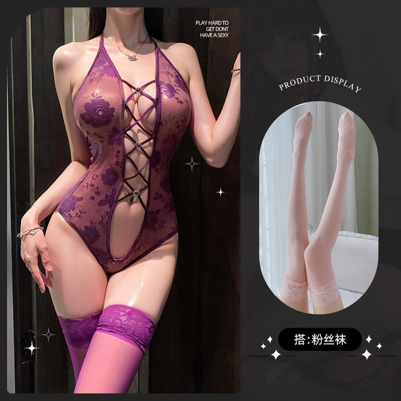 LS Sexy Lingerie Sexy Purple Lace Jumpsuit Small Breast Female Uniform Pure Desire Qqny Strap Suit