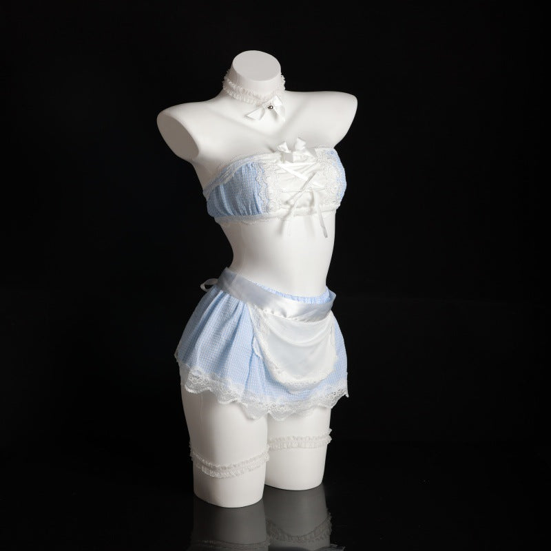 LS Sexy Lingerie Cosplay Plaid Maid Maid Uniform Pure Strap Apron Role Play