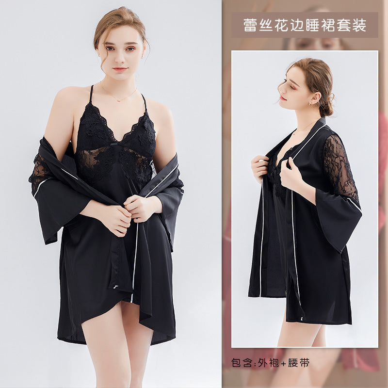 Sexy pajamas women with chest pad lace suspenders Ice Silk large size can be worn outside X nightgown set manufacturers wholesale generation