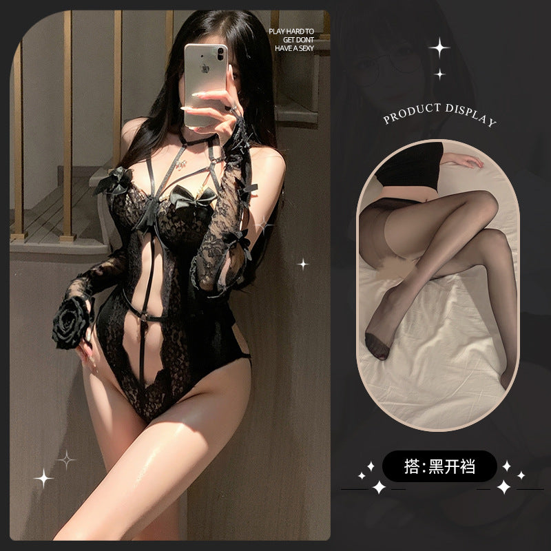 LS Sexy Lingerie for Women Pure Desire Sexy Royal Sister Temptation Lace Hollow Perspective No-Take-Off Push-Up Jumpsuit