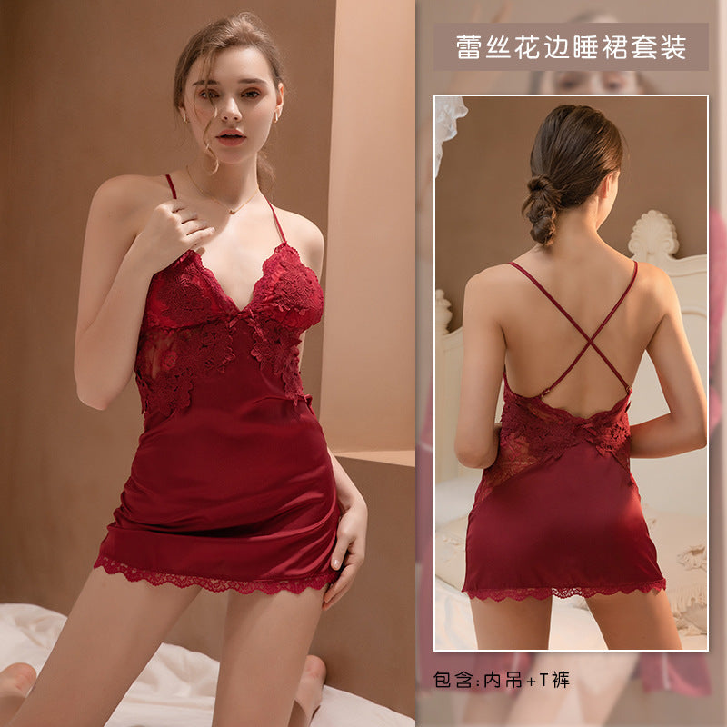Sexy pajamas women with chest pad lace suspenders Ice Silk large size can be worn outside X nightgown set manufacturers wholesale generation