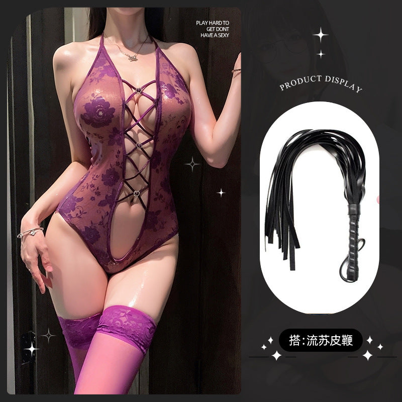 LS Sexy Lingerie Sexy Purple Lace Jumpsuit Small Breast Female Uniform Pure Desire Qqny Strap Suit