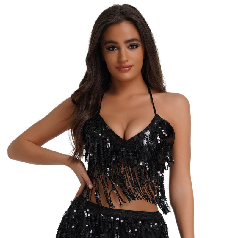 Halloween European and American sequined performance top belly dance tassel top nightclub stage strap party bra