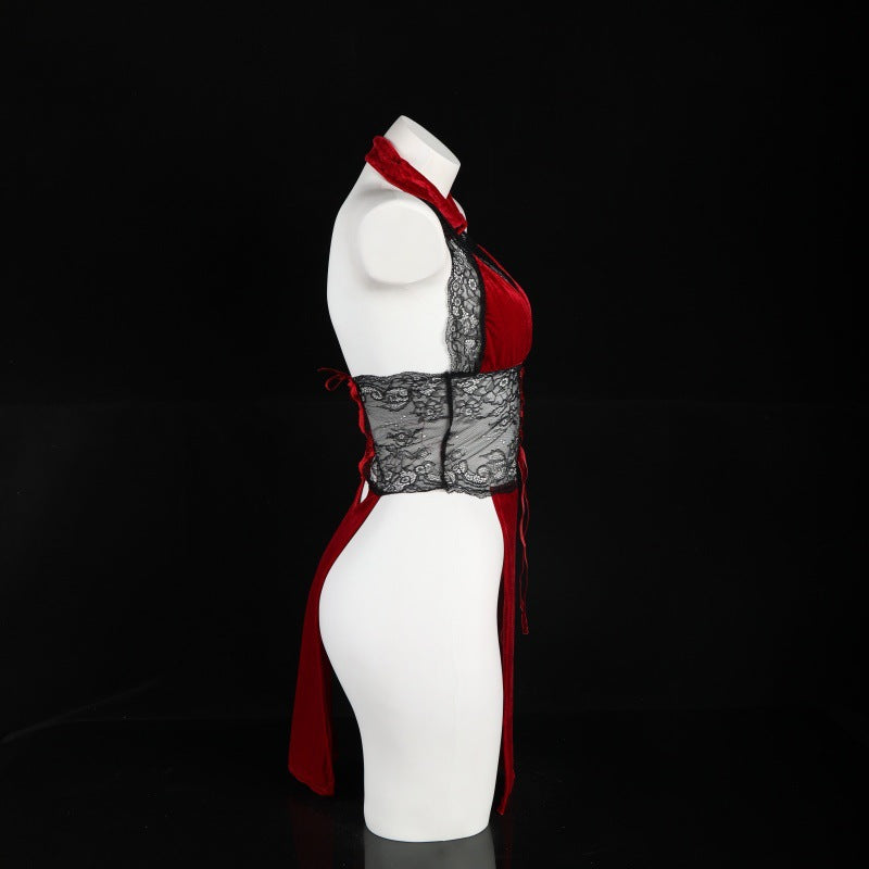 LS Sexy Underwear Lace Perspective Super Spicy Temptation High Waist Split Free Rose Dancer Cheongsam 9252