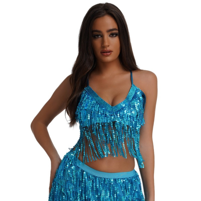 Halloween European and American sequined performance top belly dance tassel top nightclub stage strap party bra