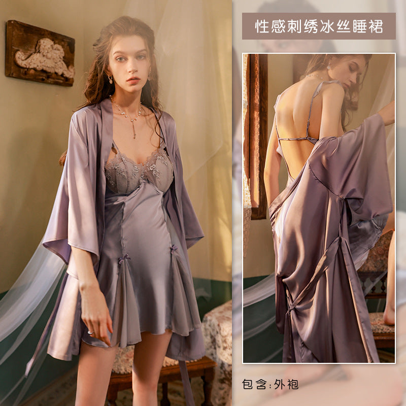3051 Ying plus size summer ice silk lace nightdress strap sexy pajamas women's summer pure desire style with chest pad