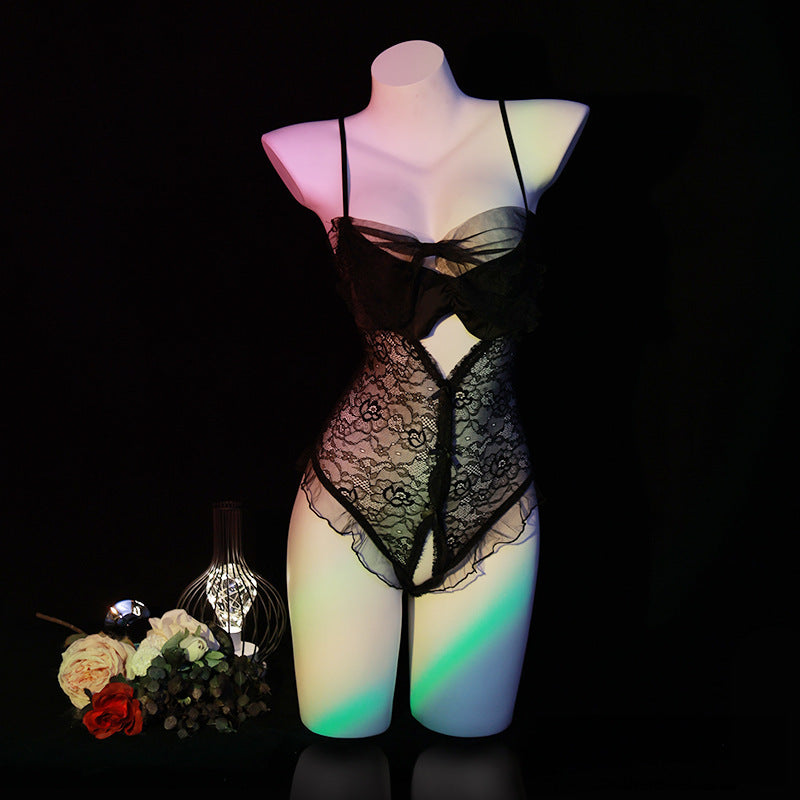 LS Sexy Lingerie Sexy Suspender Lace Temptation Hollow Open Jumpsuit Hot Uniform Pajamas for Women