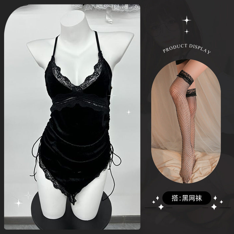 LS Retro French Sexy Lace Pajamas Women's Low Cut Pure Desire Velvet Backless Suspender Nightgown 8349