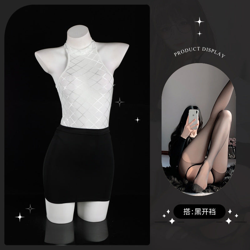 LS Sexy Lingerie Sexy Pure Desire See-Through Mesh Jumpsuit Hip-Covering Short Skirt Secretary Suit 8073
