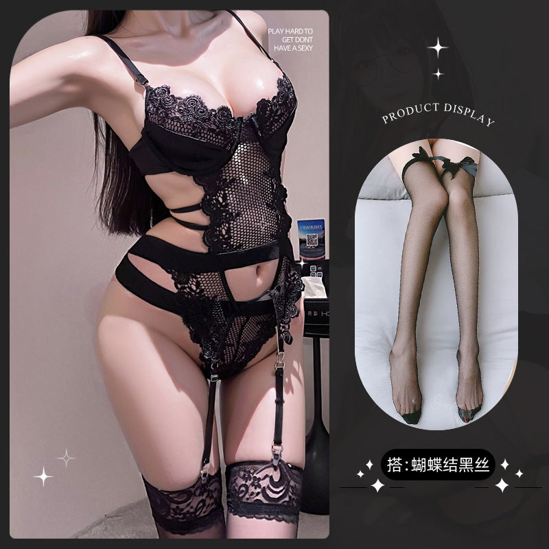 LS High-End Suspender Sexy Intimates Sexy Steel Ring Push-Up Bra Hollow Split Three-Point Intimates