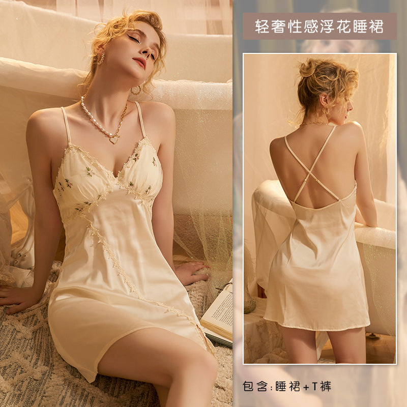 3066 Ying sexy pajamas French fairy floral nightdress with chest pad pure desire temptation home wear suit generation hair