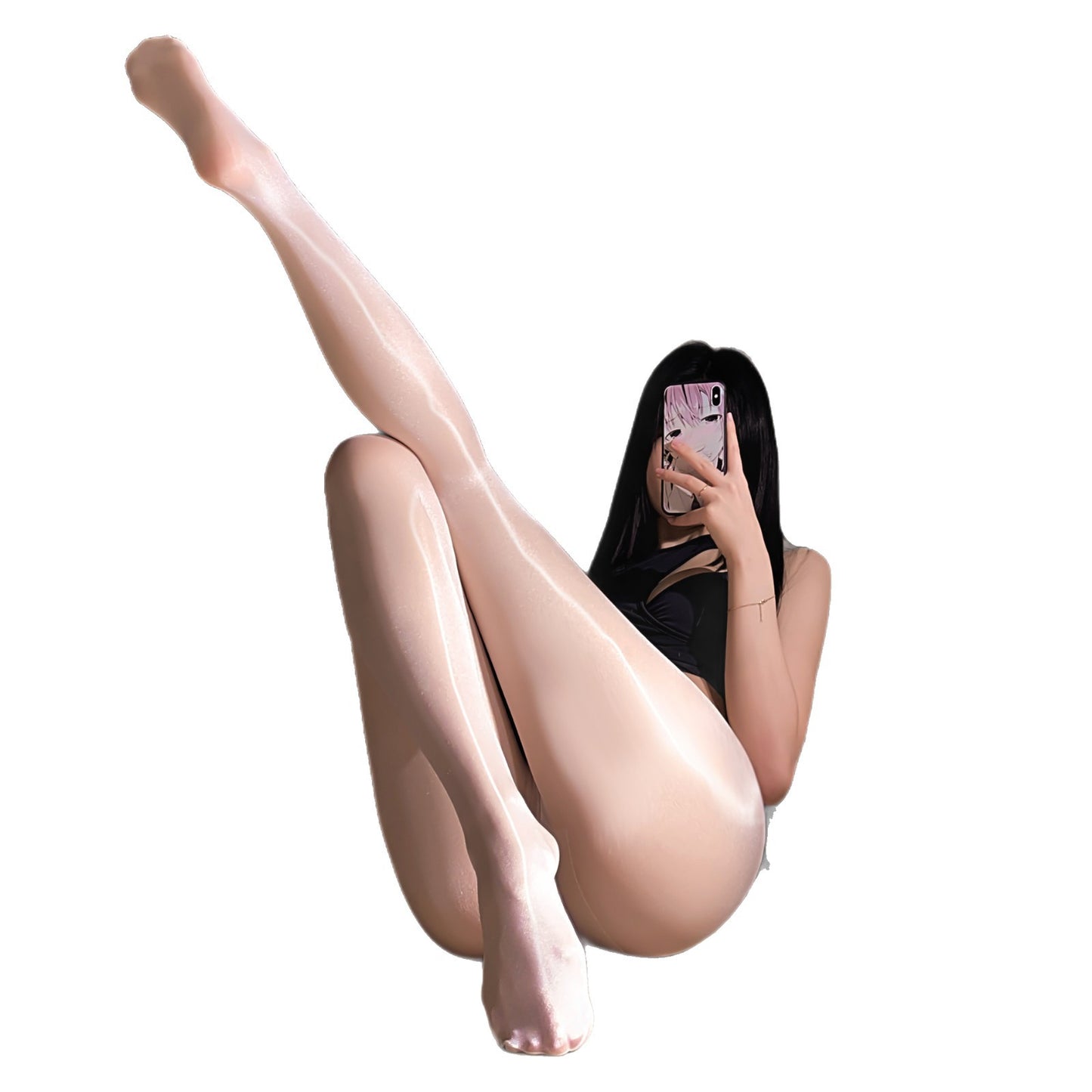 LS Sexy Shiny Stockings Women Black Silk Shiny Stockings Mood Easy to Tear Sexy Lingerie Temptation Open Crotch Stockings