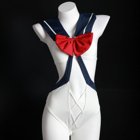 LS Sexy Lingerie Student Wear Open One-Piece Jumpsuit Bow Sexy Student Uniform 8135