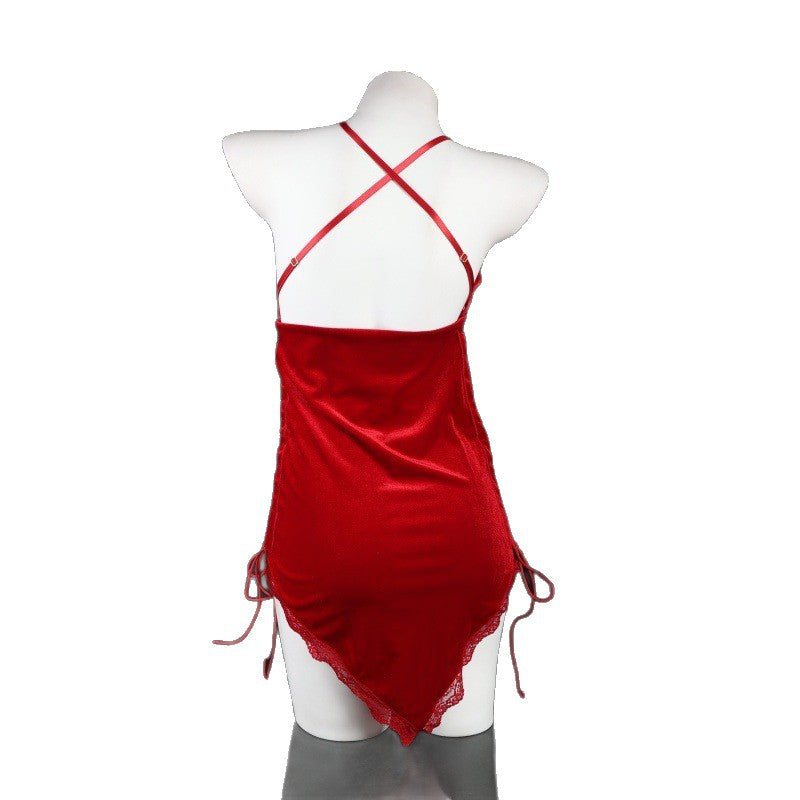 LS Retro French Sexy Lace Pajamas Women's Low Cut Pure Desire Velvet Backless Suspender Nightgown 8349