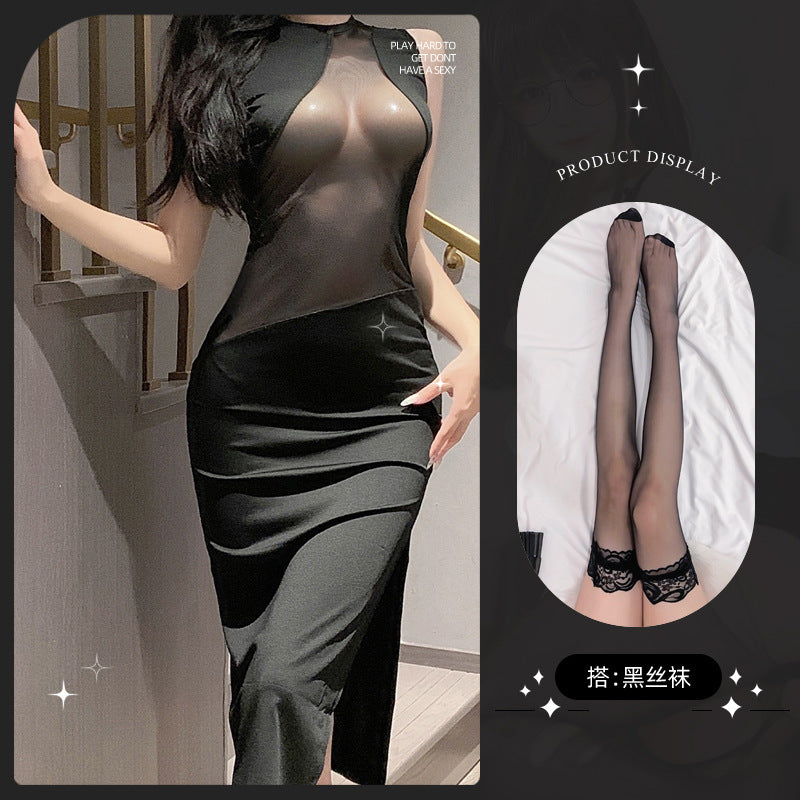 LS Sexy Lingerie Nightclub Sexy Uniform Temptation See-Through Breast-Revealing Pajamas Pure Desire Dress 8011